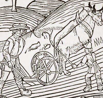 Et par okser festet til en plog, tittelblad fra John Fitzherberts Boke of Husbandry, første pub. 1523 av English School