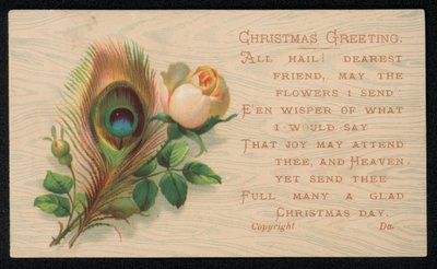 En påfuglfjær og en rose, julehilsen. (chromolitho) av English School