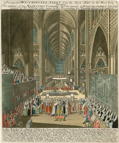 Et perspektiv av Westminster Abbey fra høyalteret til West End ved kroningen av kong James II av English School
