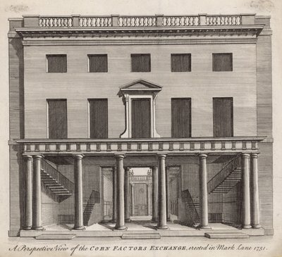 Eine perspektivische Ansicht der Kornhändlerbörse, errichtet in Mark Lane 1751 von English School