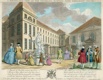 Et perspektivbilde av Foundling Hospital med emblematiske figurer av English School