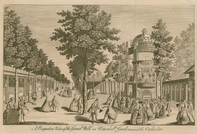 En perspektivvisning av Grand Walk i Vauxhall Gardens, London og The Orchestra av English School