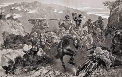 En streiket av 13. husarer overrasket nær Tugela-elven, Hussar Hill, KwaZulu-Natal-provinsen under den andre boerkrigen, fra 'South Africa and the Transvaal War', av Louis Creswicke, utgitt 1900 (litho) av English School