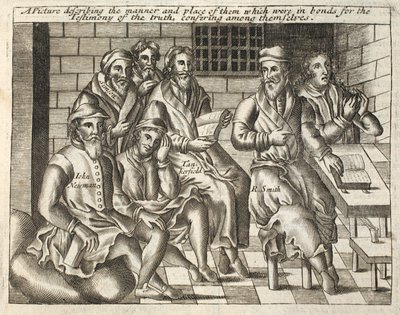 Et bilde som beskriver måten og sted for dem som var i bånd for sannhetens vitnesbyrd, konfererende seg imellom, illustrasjon fra Acts and Monuments av John Foxe, niende utgave, pub. av English School