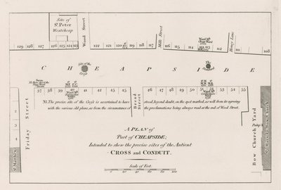 En plan fra Cheapside, London, ment å vise de nøyaktige stedene til det gamle Cross and Conduit av English School