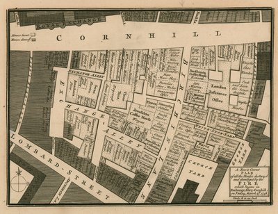 En plan over hus ødelagt i brannen som startet i Exchange alley, Cornhill, London, 25. mars 1748 av English School