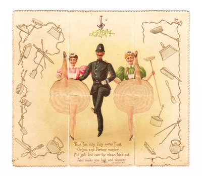 Et pop-up-kort av en politimann og to kvinner som sparker høyt, ca. 1920 (fargelitografi) av English School