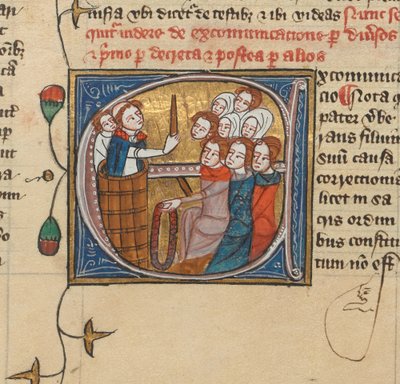 En prest som ekskommuniserer folk ved å heve et lys, Royal MS 6 E VII, f.75v (vellum) av English School