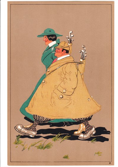 Et trykk av to golfspillere i komiske og humoristiske stillinger, ca. 1920 av English School