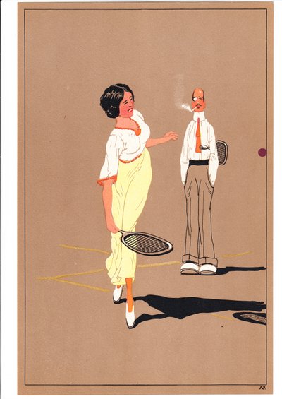 Et trykk av to tennisspillere i komiske og humoristiske stillinger, ca. 1920 av English School