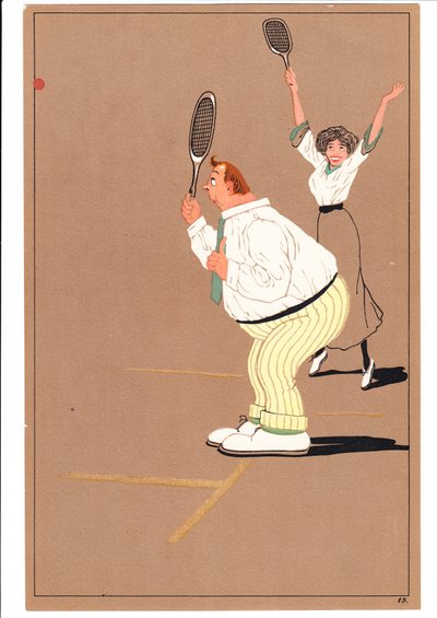 Et trykk av to tennisspillere i komiske og humoristiske stillinger, ca. 1920 av English School