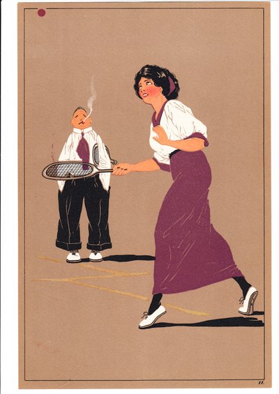 Et trykk av to tennisspillere i komiske og humoristiske stillinger, ca. 1920 av English School