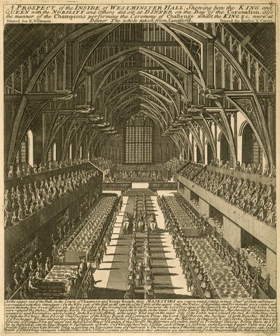 Et prospekt av innsiden av Westminster Hall som viser hvordan kongen og dronningen, med adelen og andre, satt til middag på kroningsdagen av English School