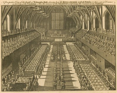 Et prospekt av innsiden av Westminster Hall som viser hvordan kongen og dronningen, med adelen og andre, satt til middag på kroningsdagen av English School