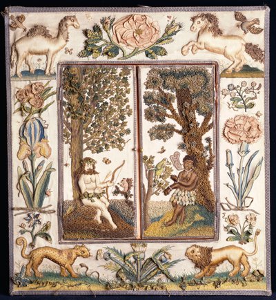 Ein erhobenes Stickereispiegelbild, das einen primitiven Jäger mit Bogen und Pfeil und einen Mohr mit einem Papagei darstellt, der Rahmen mit einem Kamel, Pferd, Löwen, Leoparden, Rose, Iris und anderen Blumen von English School