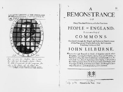 En protest fra Levellers til House of Commons angående fengslingen av deres leder John Lilburne (ca. 1614-57) publisert 1646 av English School