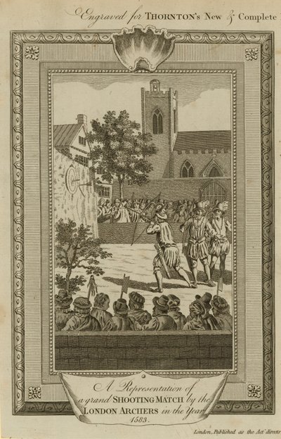 Darstellung eines großen Schießwettbewerbs der Londoner Bogenschützen im Jahr 1583 von English School