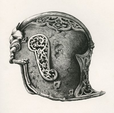 En sallet, aka salade eller schaller krigshjelm, AD 1450, fra The British Army: Its Origins, Progress and Equipment, publisert 1868. av English School