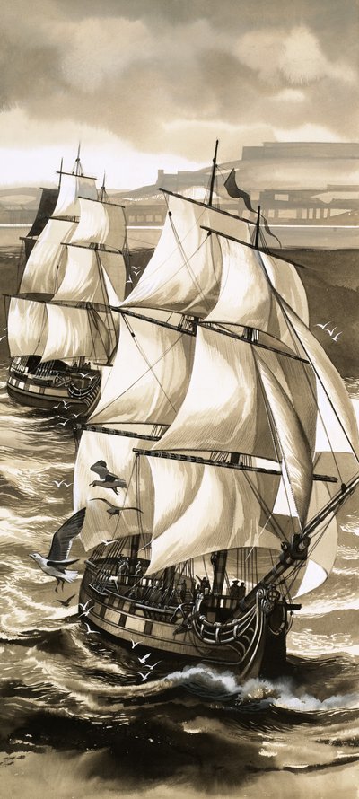 En salutt med kanoner fulgte Jean de La Perouses avreise på en oppdagelsesreise utenfor Stillehavet. av English School