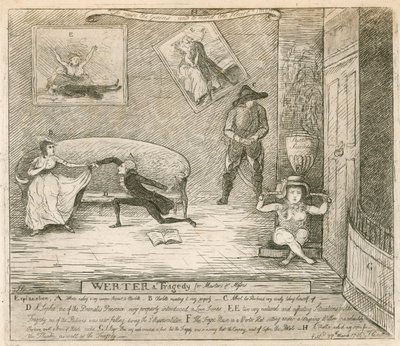 En scene fra F Reynolds burleske Werter, først fremført på Covent Garden Theatre, London, 14. mars 1786 av English School