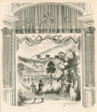 En scene fra stykket King Arthur, Drury Lane Theatre, London av English School
