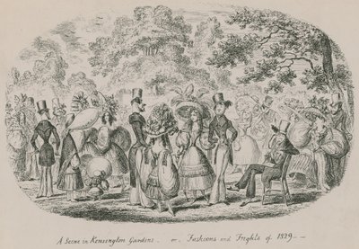 En scene i Kensington Gardens eller Fashions and Frights fra 1829 av English School