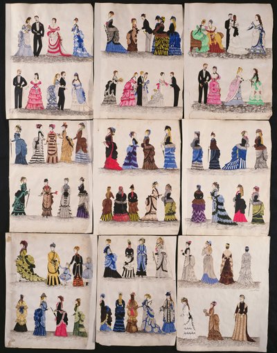 Et utvalg viktorianske moter, inkludert ballroom- og gåkjoler, ca. 1876 (wc på papir) av English School