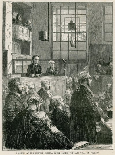 En skisse ved Central Criminal Court under den sene rettssaken mot O