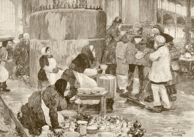 Et suppekjøkken i Paris på 1800-tallet (litho) av English School