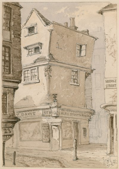 Et gatehjørne i Cloth Fair, Smithfield, London, akvarellskisse, 1881 (wc på papir) av English School