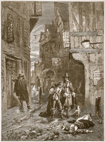 En gate i London under den store pesten, illustrasjon fra Cassells Illustrated History of England (sepia-bilde) av English School