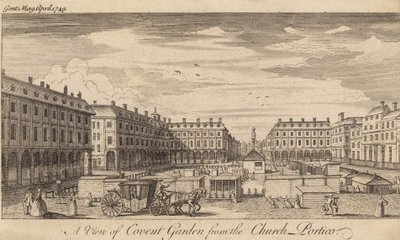 Utsikt over Covent Garden, London, fra kirkeportikken av English School