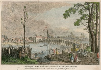 En utsikt over Fulham Bridge, London, over Themsen fra Putney av English School