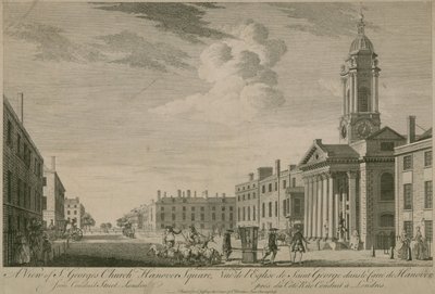 En utsikt over St Georges Church, Hanover Square, fra Conduit Street, London av English School