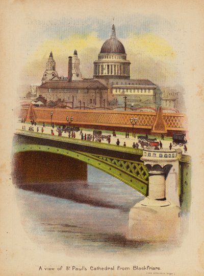 Utsikt over St. Pauls katedral fra Blackfriars (fargelitografi) av English School