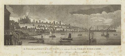 En utsikt over en del av London slik den så ut i den store brannen i 1666 av English School