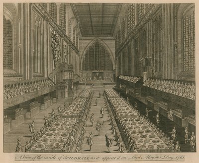 En utsikt over Guildhall, London, slik den så ut på Lord Mayors Day, 1761 av English School