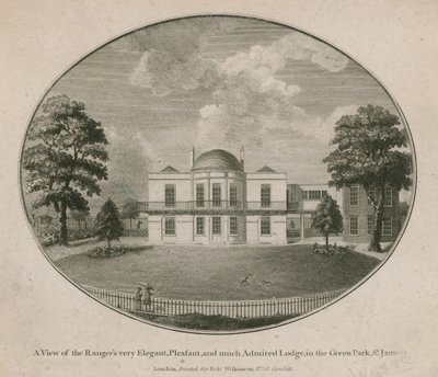 En utsikt over Rangers veldig elegant, hyggelig og mye beundret Lodge i Green Park, St Jamess av English School