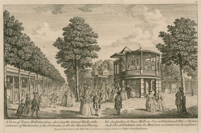 En utsikt over Vauxhall Gardens, London, som viser den store vandringen ved inngangen til Garden og orkesteret med musikken som spilles av English School