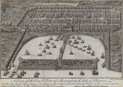 En utsikt over byen og havnen i Alexandria og Isle of Pharos, Egypt, 1738 av English School