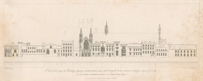 En utsikt over rekkevidden av bygningen ved siden av Westminster Hall og foran Themsen av English School
