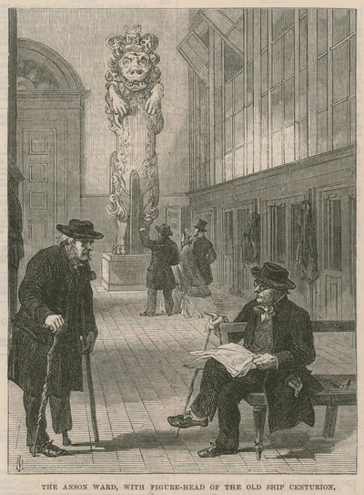 Et besøk til Greenwich Hospital; Anson Ward, med galjonsfigur av det gamle skipet Centurion av English School