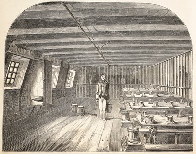 En avdeling om bord på Defense Hulk sørget for retur av domfelte til middag, illustrasjon fra The Criminal Prisons of London og Scenes from Prison Life av Henry Mayhew og John Binny, pub. 18 av English School