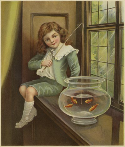 En ung gutt dingler en fiskestang i en bolle med gullfisk av English School