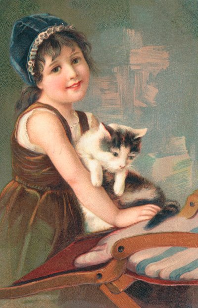 En ung jente poserer med en katt av English School