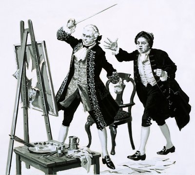 En ung mann kuttet et lite flatterende portrett av sin far av Hogarth med et sverd (gouache på papir) av English School