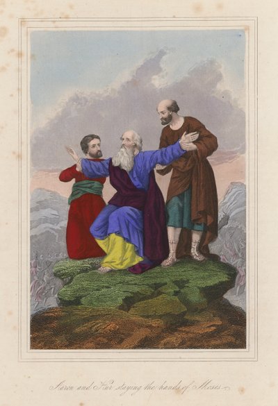 Aron og Hur holder Moses#39; hender tilbake (farget gravering) av English School