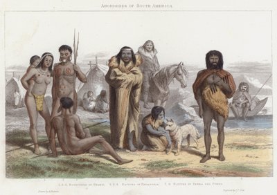 Aborigines i Sør-Amerika (farget gravering) av English School