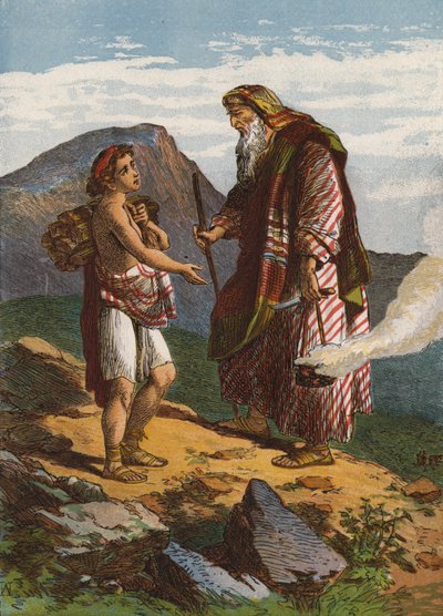 Abraham ofrer Isak (farge litho) av English School