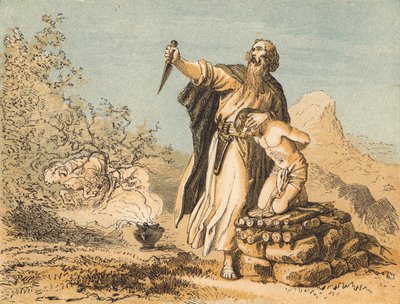 Abraham ofrer Isak (farget gravering) av English School